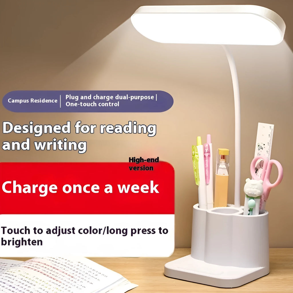 Children's LED table lamp with pen container and touch dimming, USB plug-in, plastic body
