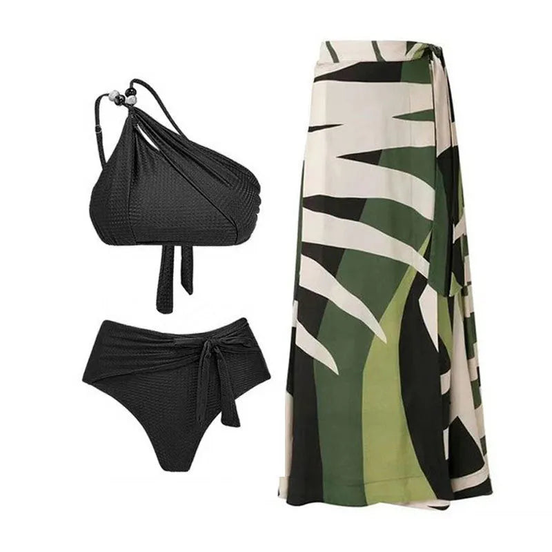 Women's push up bikini high waist split swimsuit with chiffon dress overlay in black brown and green nylon polyester fabric