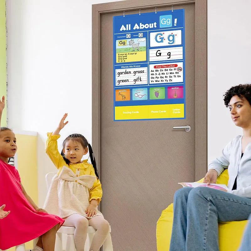 Alphabet learning chart playmat with word, letter, picture, and song cards laid out.