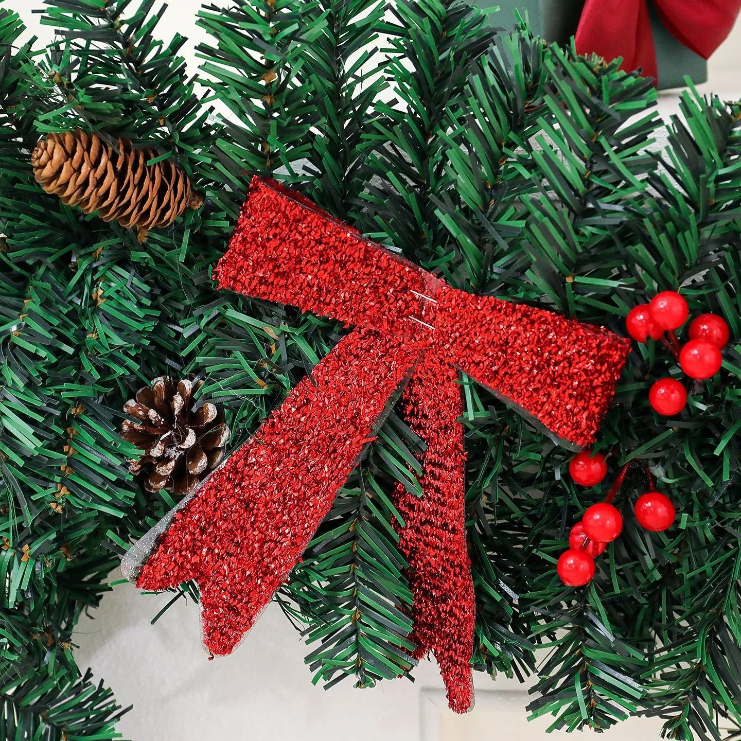 European style Christmas rattan pine cone bow decoration with PVC construction