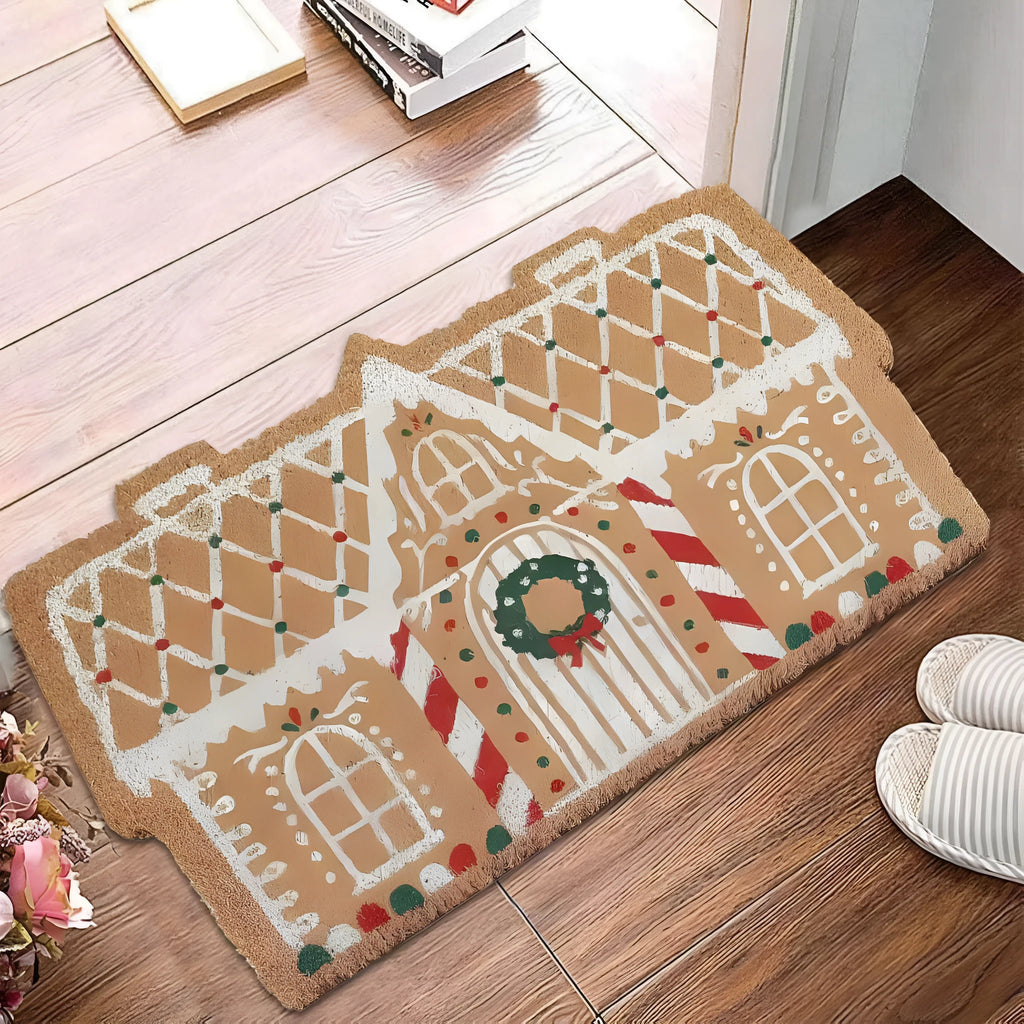 Christmas geometric pattern hallway mat with anti-slip dots and square shape in festive colours