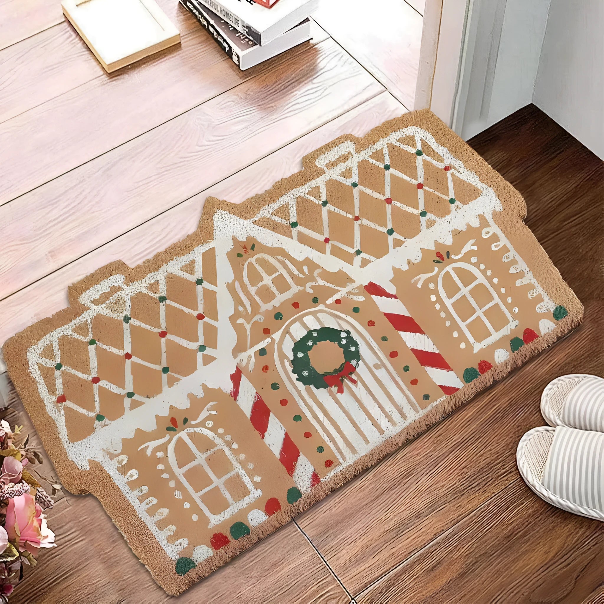 Christmas geometric pattern hallway mat with anti-slip dots and square shape in festive colours
