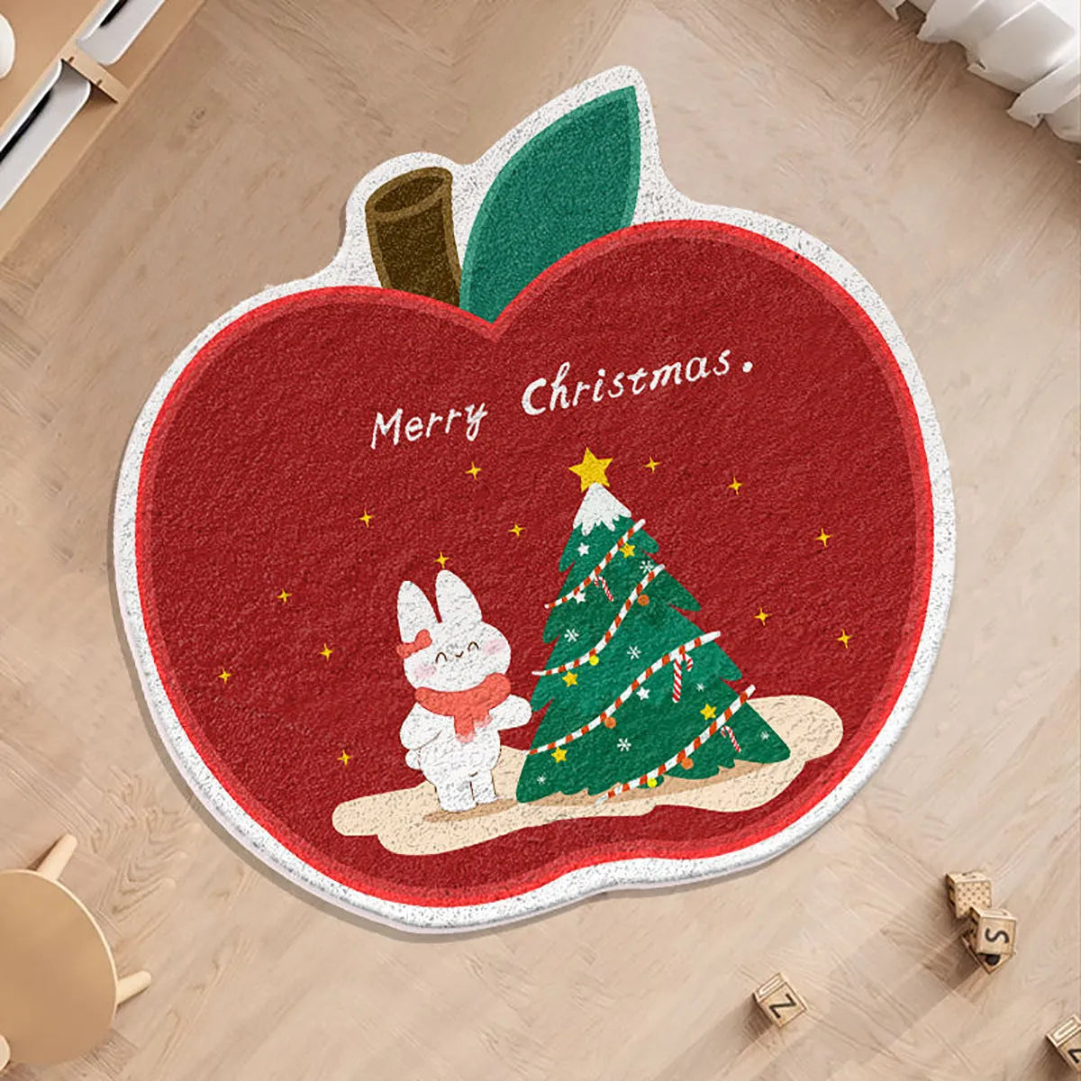 Round Christmas floor mat with cashmere-like texture and holiday-themed colour print