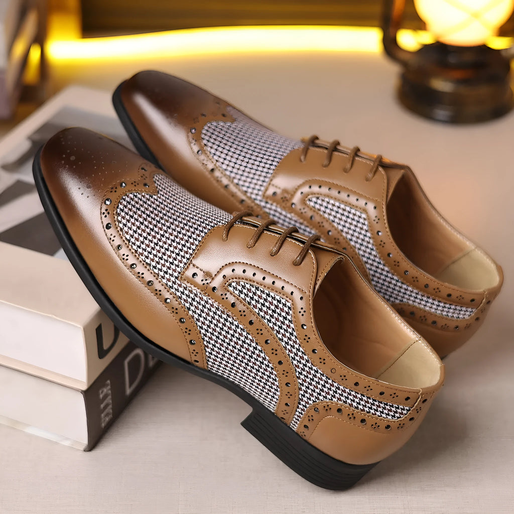 Men's houndstooth plaid casual shoes in black with square toe and lace-up front.