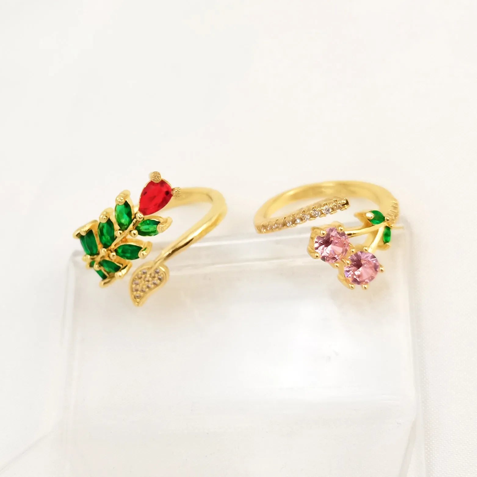 Copper gold-plated open ring with zircon leaf geometric design for women