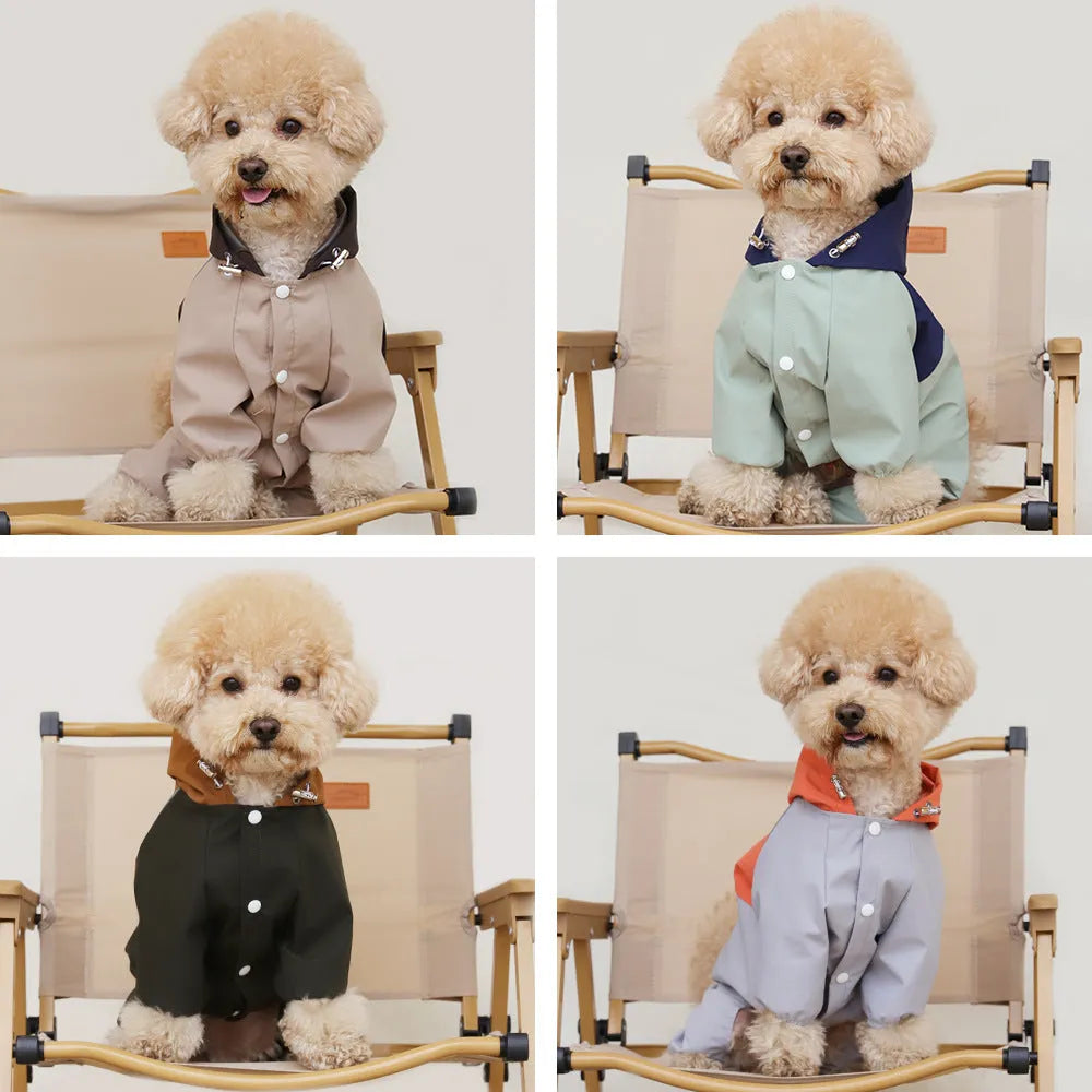 British style khaki coloured waterproof polyester dog jacket on a small dog.