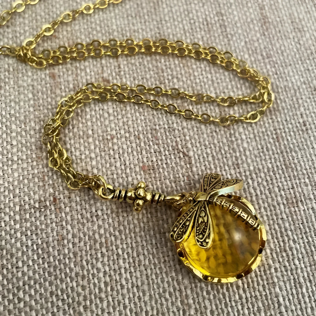 Yellow vintage bronze hand carved dragonfly pendant necklace with 925 silver components