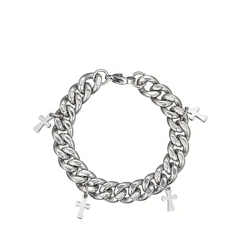 Men's titanium steel cross bracelet with geometric shape on wrist