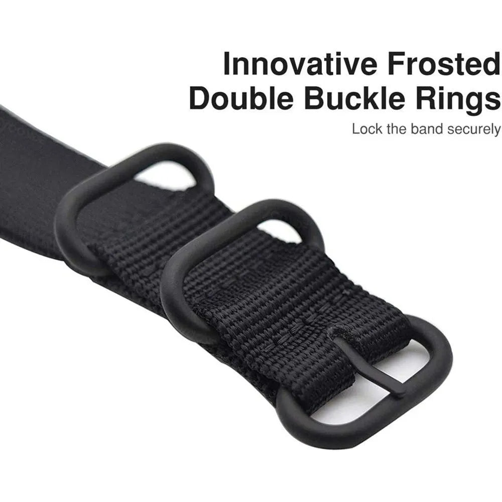 Fitbit Charge nylon replacement strap with a three-ring metal buckle shown in multiple colour options.