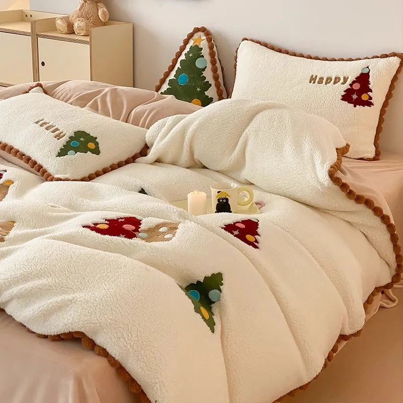 Bright yellow Christmas bedding four-piece set with cartoon animation pattern and fleece-lined winter construction
