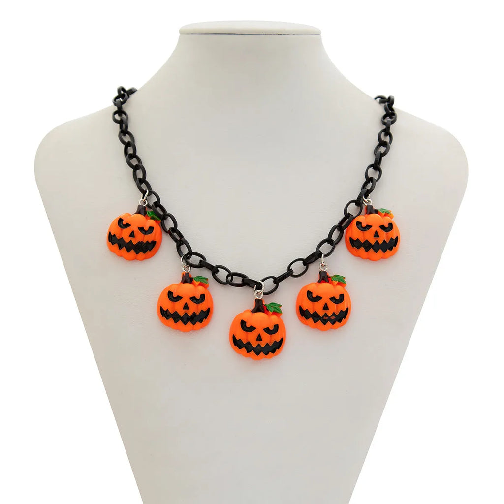 Halloween necklace with cartoon pumpkin acrylic pendant on plastic chain in mixed colour 06705