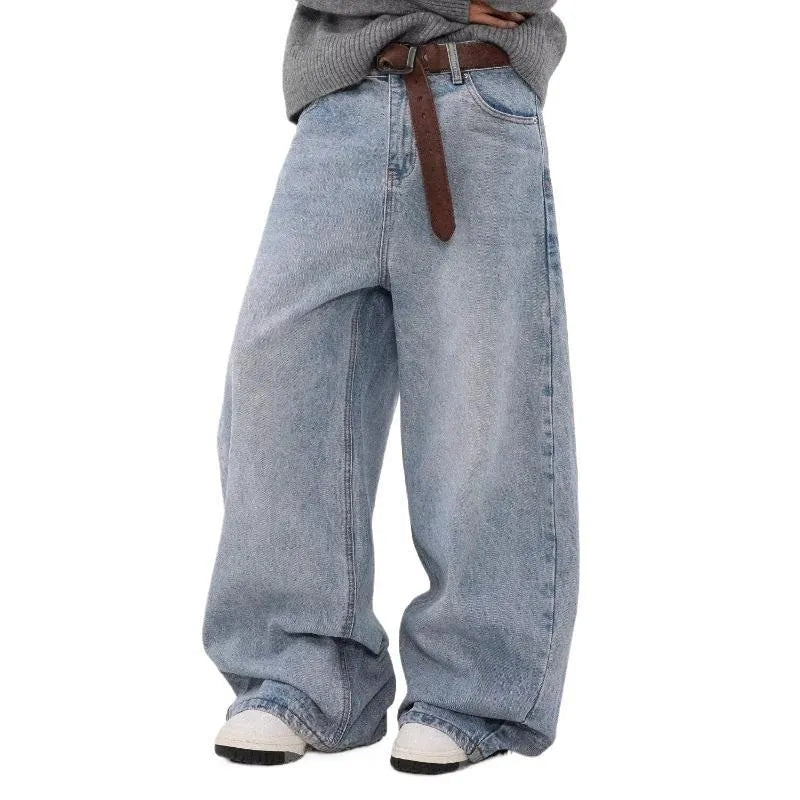 Men's blue retro washed distressed straight jeans with mid waist and zipper fly, casual denim trousers