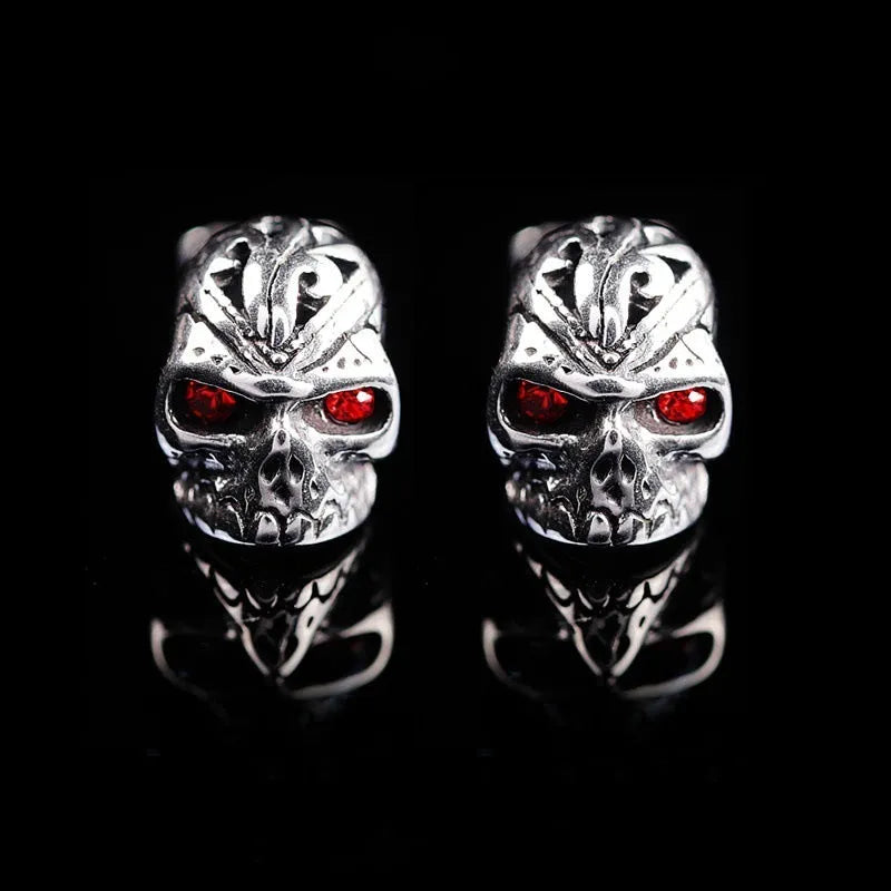 Retro red eye ghost head skull stud earrings with alloy and artificial gemstone construction