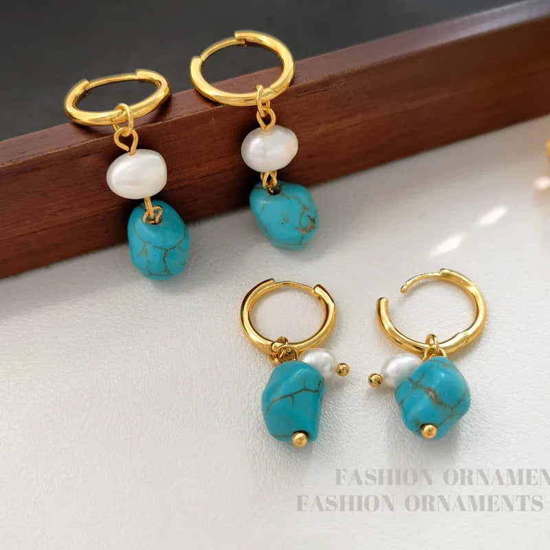 Geometric cultured pearl and turquoise clip earrings in long and short styles