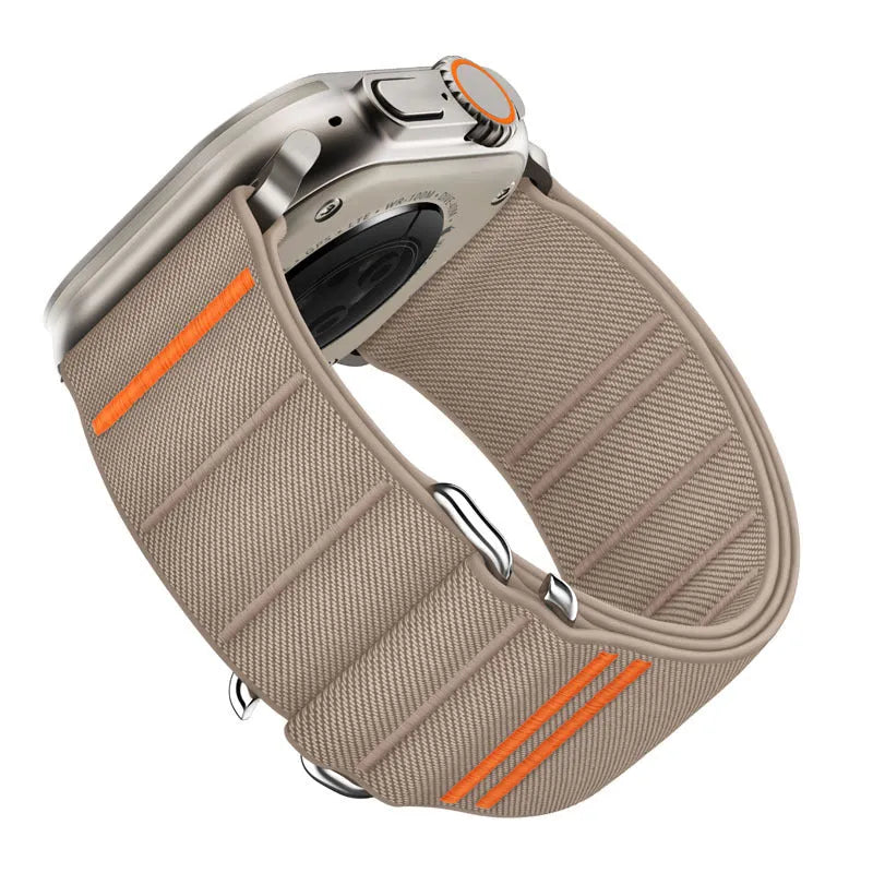 Elastic nylon sport loop strap with stainless steel buckle for Apple Watch, shown in multiple colour options.