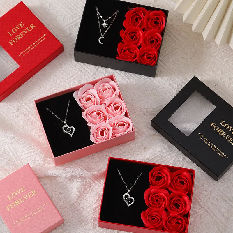 Korean style gift box with six red soap roses and a matching handbag for Valentine's Day.