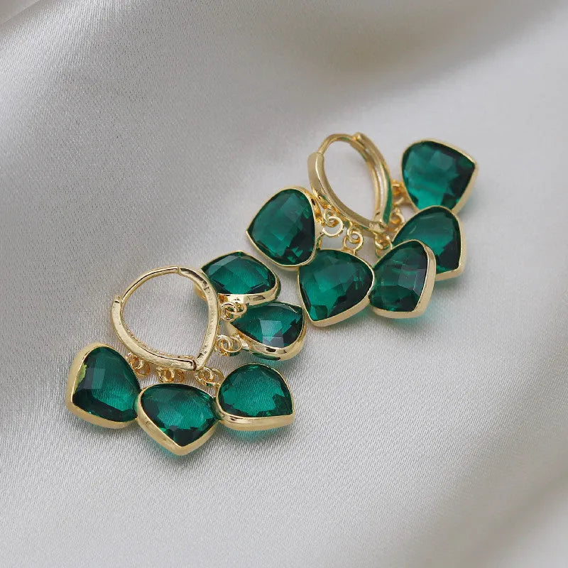 Green heart-shaped Korean style ear clip earrings with alloy gemstones and copper pendant