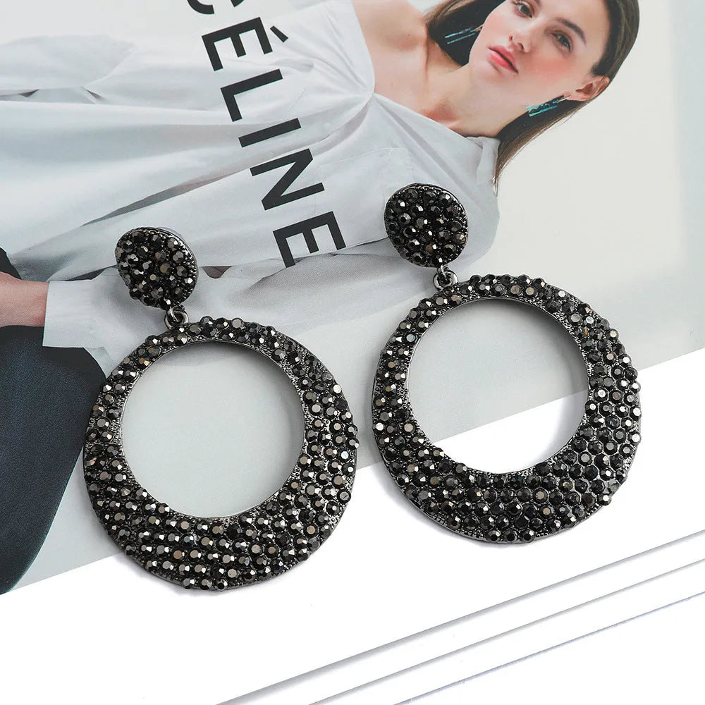 Alloy earrings with cartoon-style large pendant and round colour diamond design