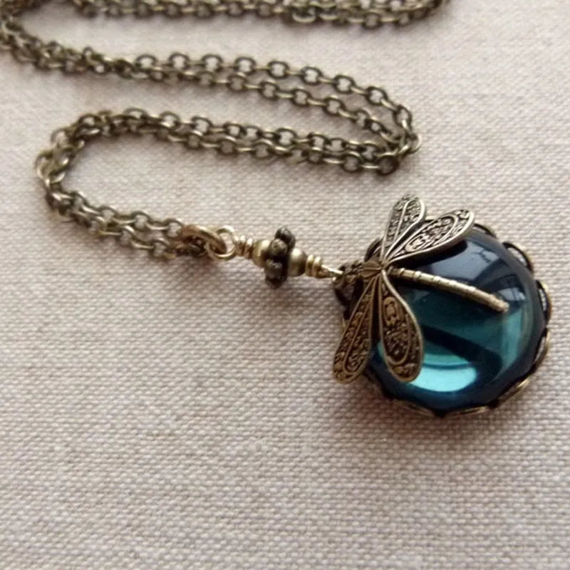 Yellow vintage bronze hand carved dragonfly pendant necklace with 925 silver components