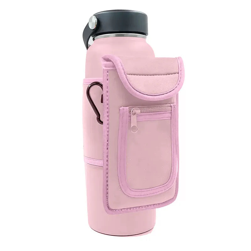 Cloth fitness bottle cover with magnetic closure in Lake Blue colour, fitting a large sports water bottle.