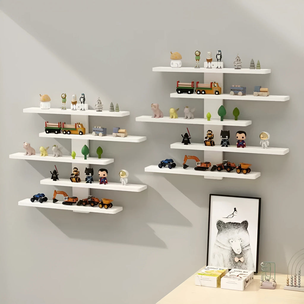 5-tier wall-mounted PVC storage rack for dolls and blind box toys in a home setting