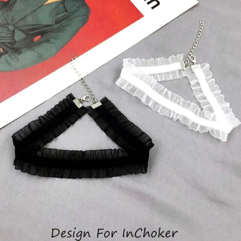 Velvet ruffled flower pendant necklace on snake bones chain in black, light coffee, or white colour options