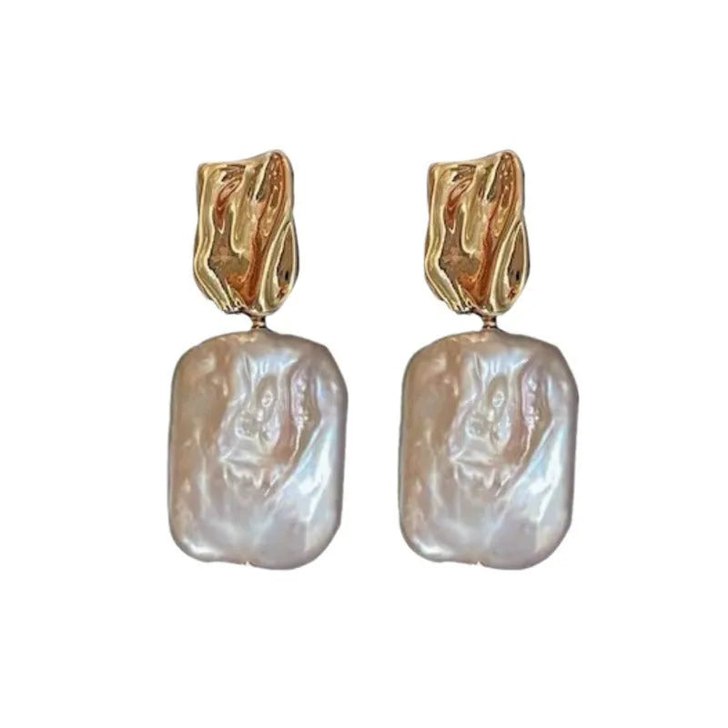 Natural freshwater pearl square stud earrings in purple colour, retro geometric alloy setting