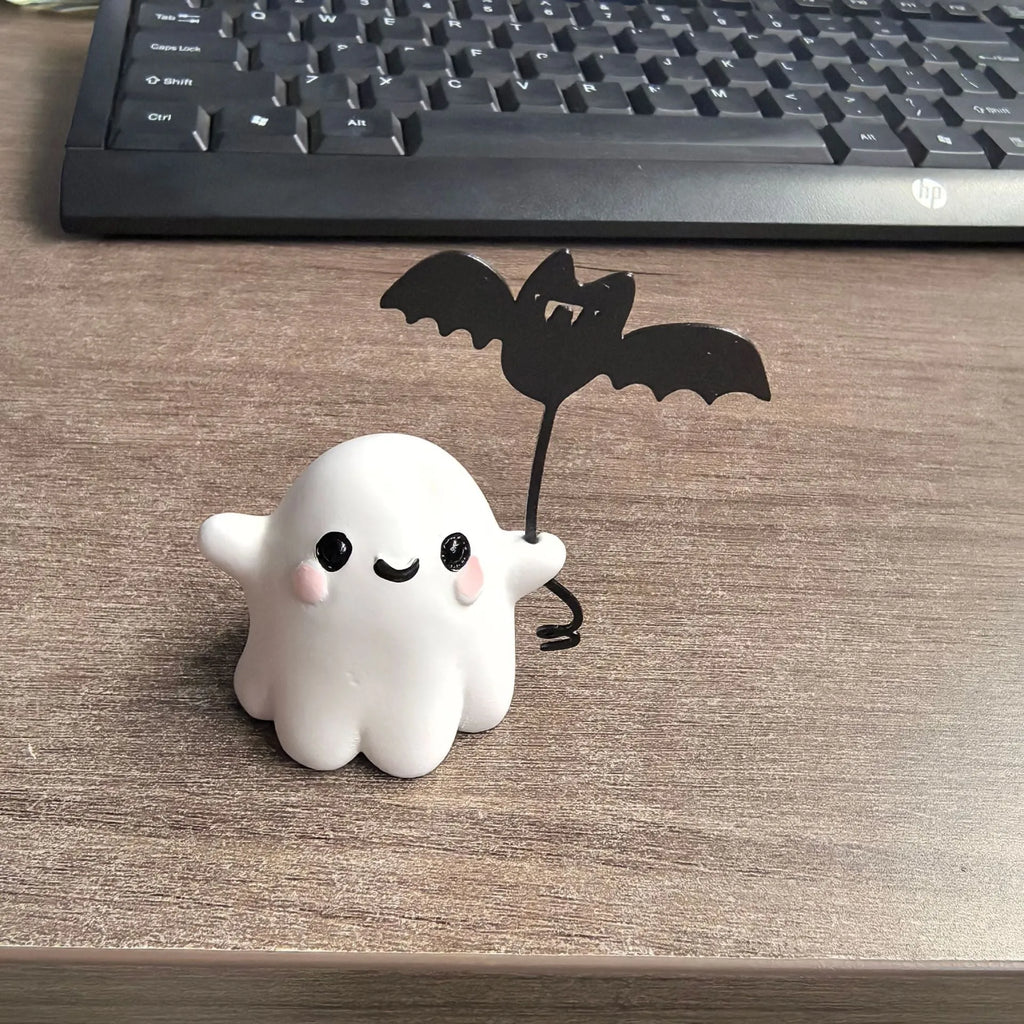 Mini ghost walking dog Halloween statue with ghost holding bat design on resin base