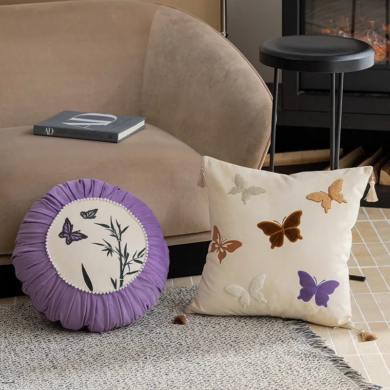 Chinese embroidery butterfly pattern cushion in beige, black, and purple colours