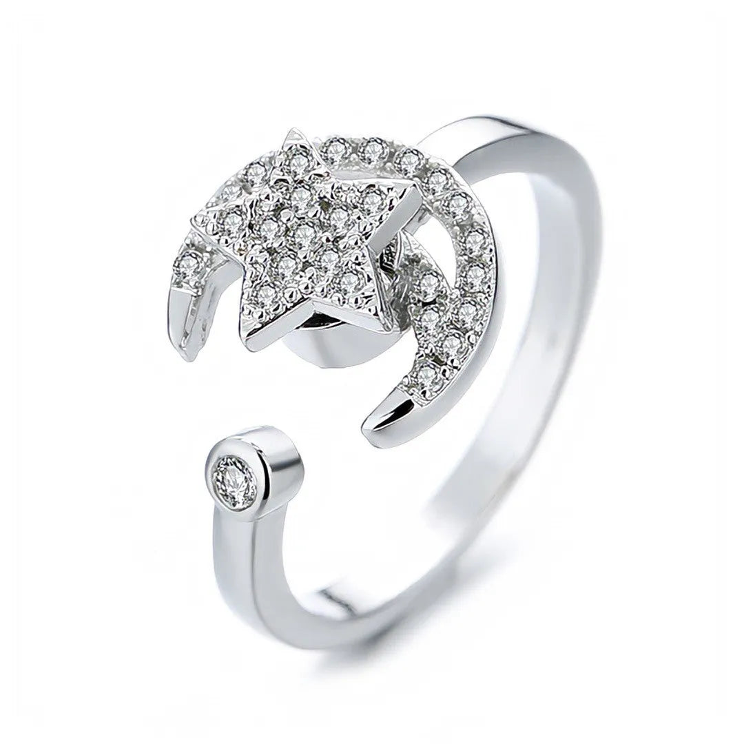 Micro-inlaid free rotating zircon star moon ring for women, gold copper finish, adjustable opening