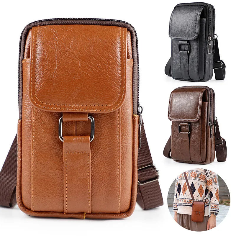 Men's vertical square crossbody waist bag in genuine composite cowhide with lock closure and coin pocket