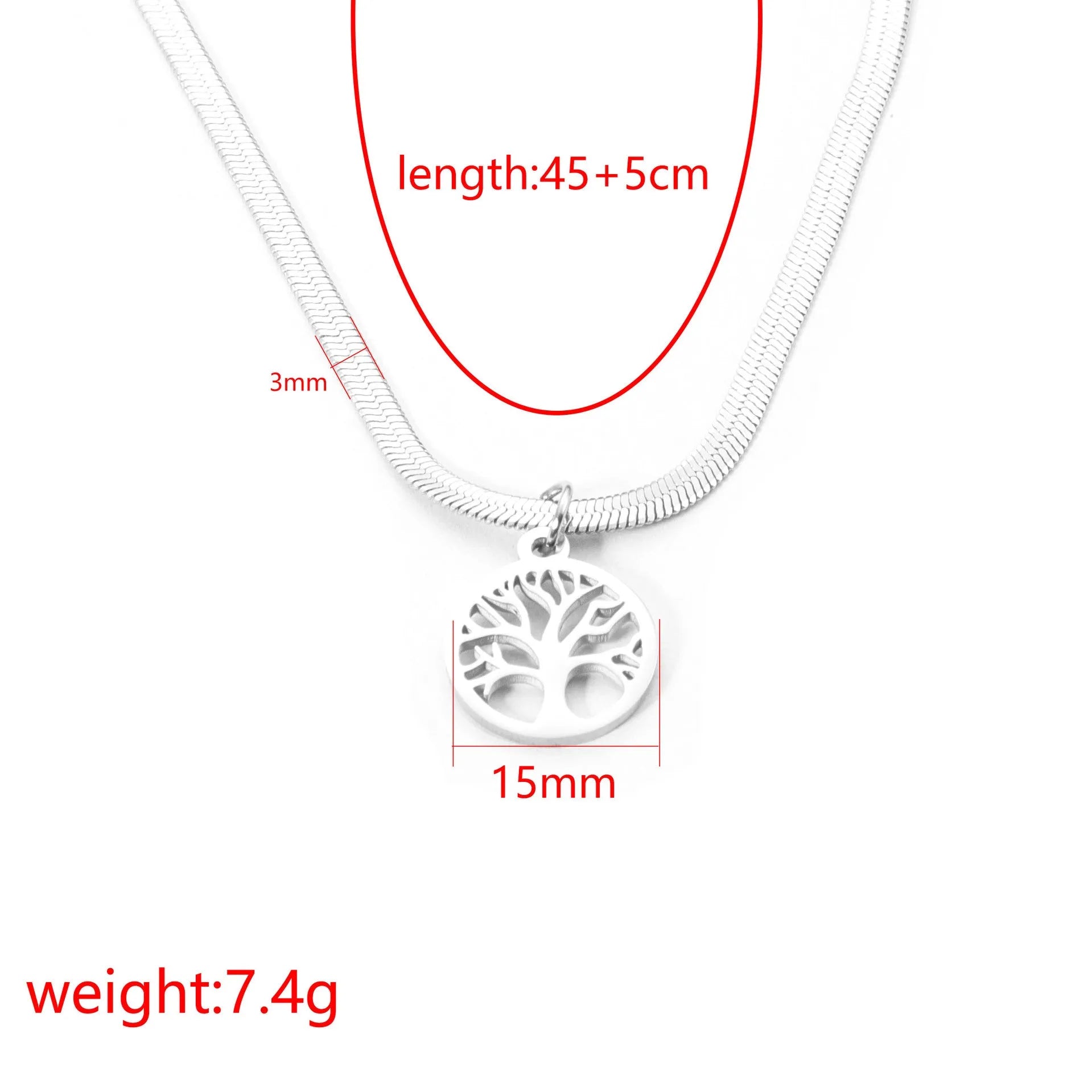 Stainless steel necklace with tree pendant on snake bones chain in gold and steel colours