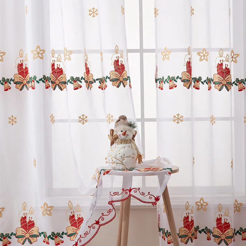 Pair of American-style Christmas curtains with white snowflake embroidery on red fabric, hanging as a semi-sunshade window covering.
