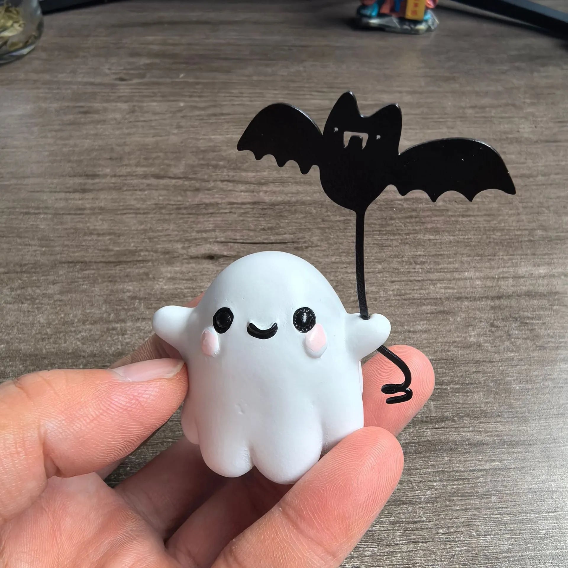Mini ghost walking dog Halloween statue with ghost holding bat design on resin base