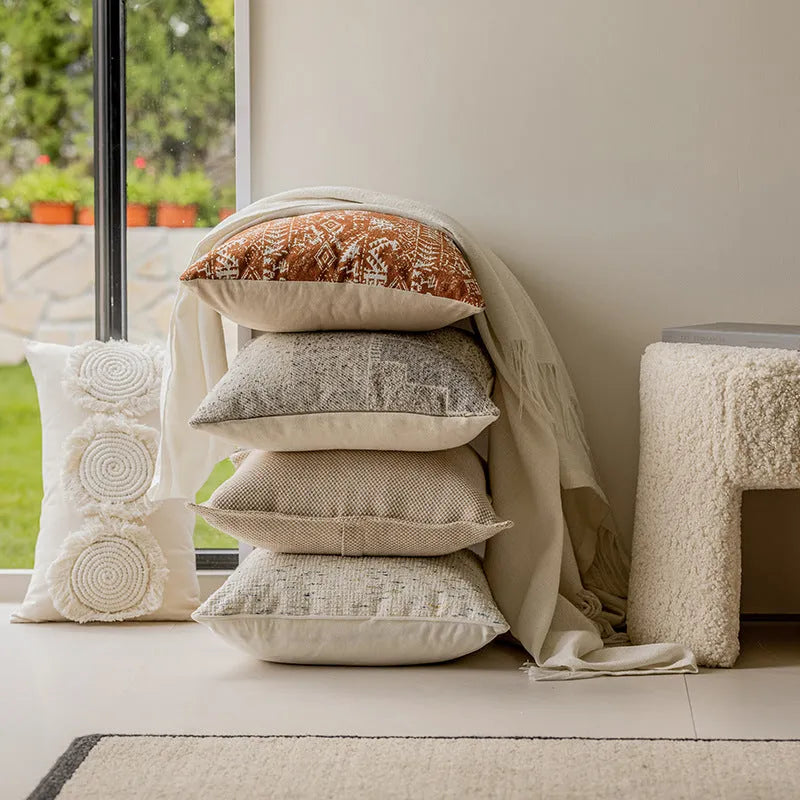 PP cotton filled pillow cushion with removable cover in red coffee colour on sofa