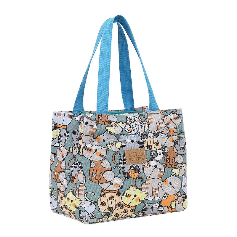 Women's printed canvas bag with flower patterns, thickened aluminium handles, and horizontal square shape