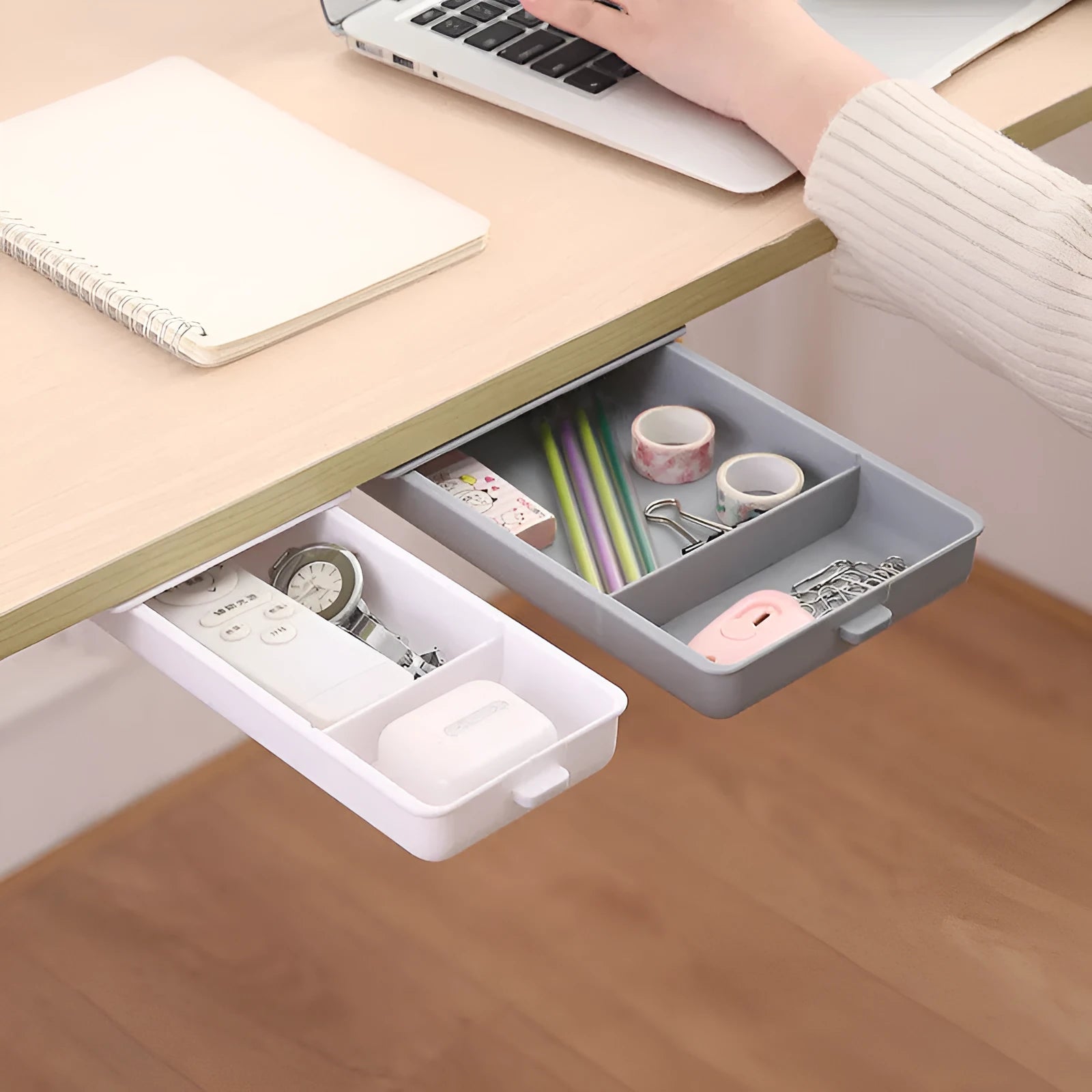 White plastic adhesive storage drawer with cover and internal grid compartments for under-desk organisation