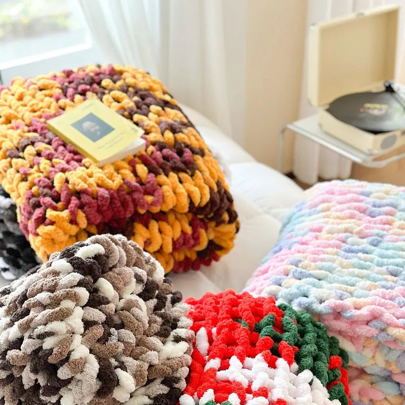 Handmade striped chenille cover blanket showing texture, displayed in caramel mango colour