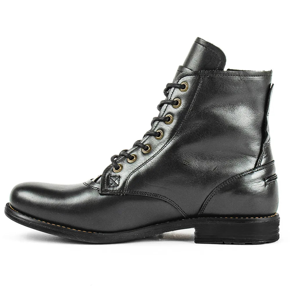 Knight Series two-tone black and brown men's leather boots with side zip.