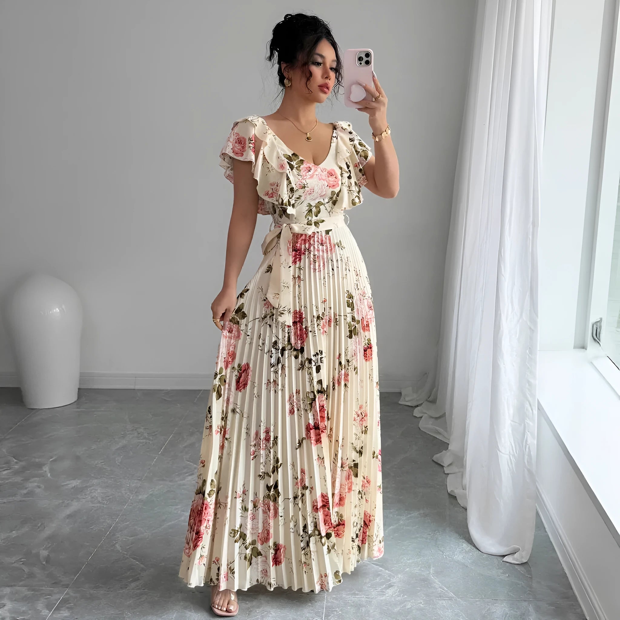 Women's apricot floral print V-neck dress with ruffled sleeves and swing skirt