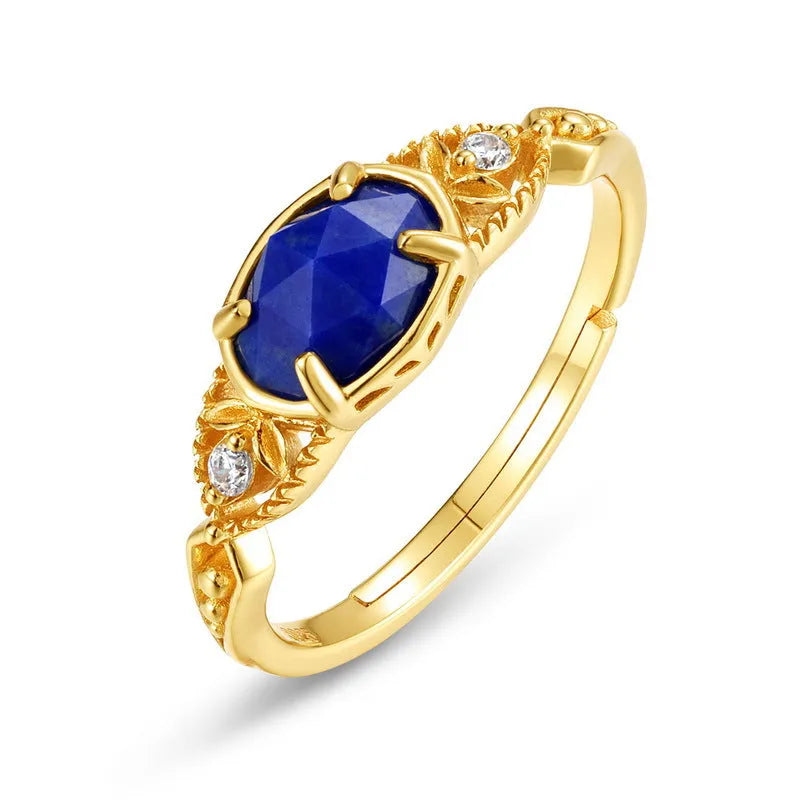 Geometric oval silver alloy ring with lapis lazuli stone centrepiece