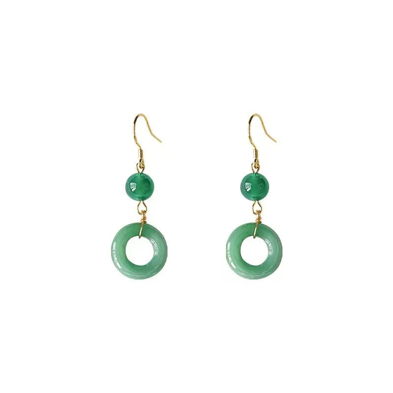 Green jade design geometric peace buckle earrings with 14K gold plating on zinc alloy