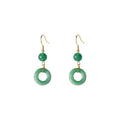 Green jade design geometric peace buckle earrings with 14K gold plating on zinc alloy