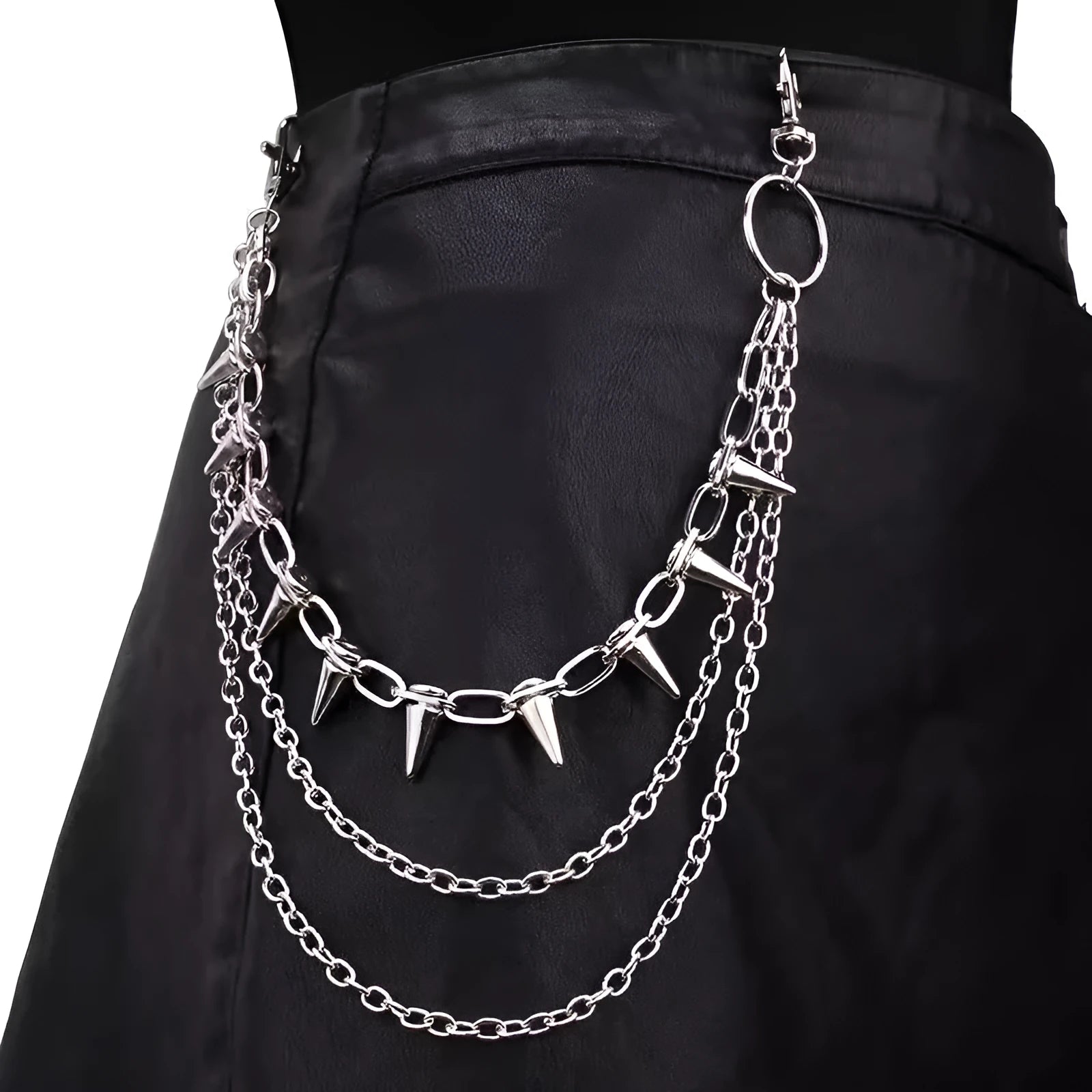 Silver metal alloy pants chain with dark punk rivet detailing and double layer construction