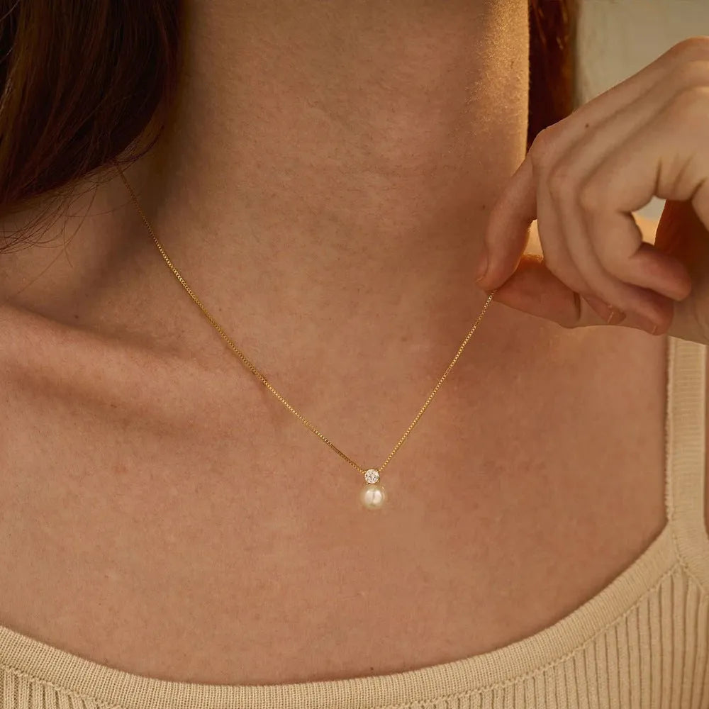 St Delan women's necklace with imitation pearl and zircon pendant on stainless steel box chain, gold colour option, New Chinese style