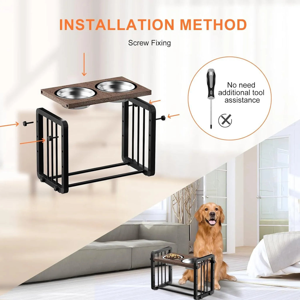 Black solid wooden non-slip stand for elevated dog food and water bowls