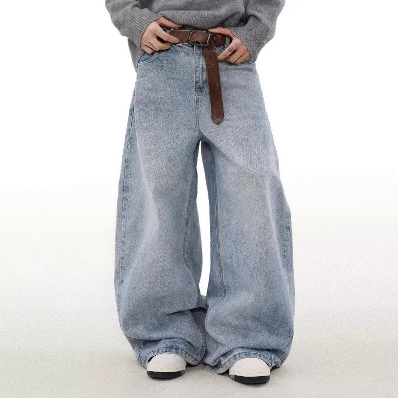 Men's blue retro washed distressed straight jeans with mid waist and zipper fly, casual denim trousers