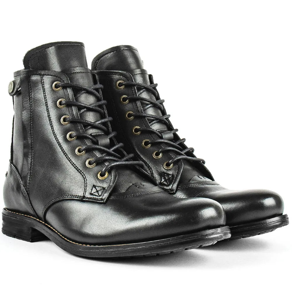 Knight Series two-tone black and brown men's leather boots with side zip.