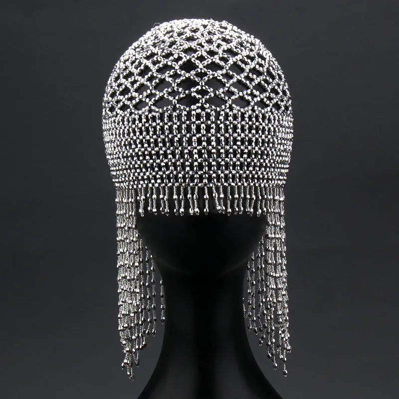Handmade belly dance hat with beaded alloy construction and tassels in black or silver