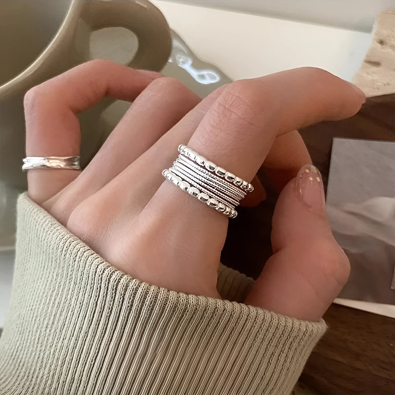 Women's copper alloy ring with woven twisted multilayer geometric design and adjustable opening